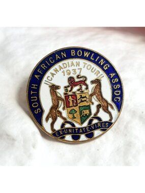 South Africa 1937 Bowling Badge Canadian Tour "Ex Unitate Vires" Vintage Pin